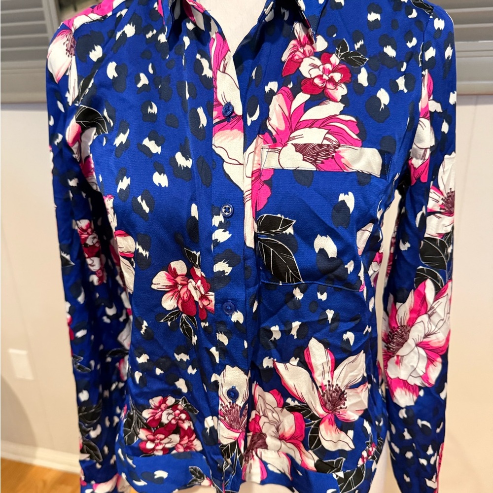 Express Blue and Pink Floral Women's Button Down Shirt